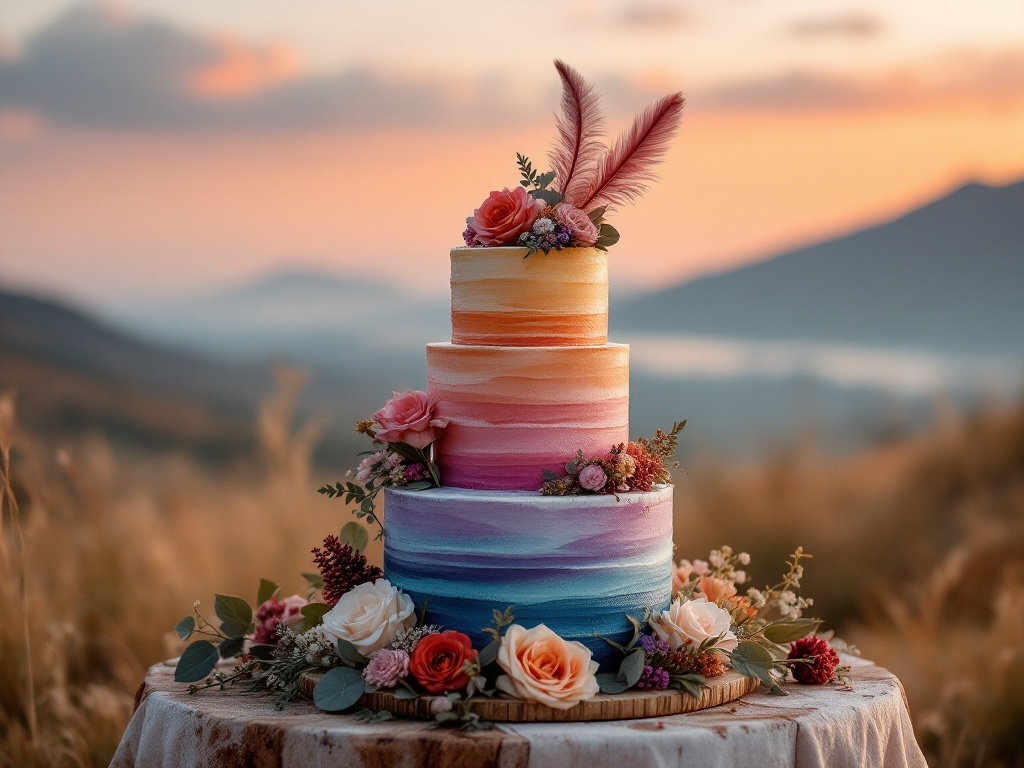A three-tier wedding cake with a sunset ombre effect, decorated with flowers and feathers.