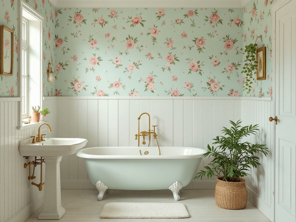 A charming cottage-style bathroom featuring pastel colors, floral wallpaper, a freestanding bathtub, and potted plants.