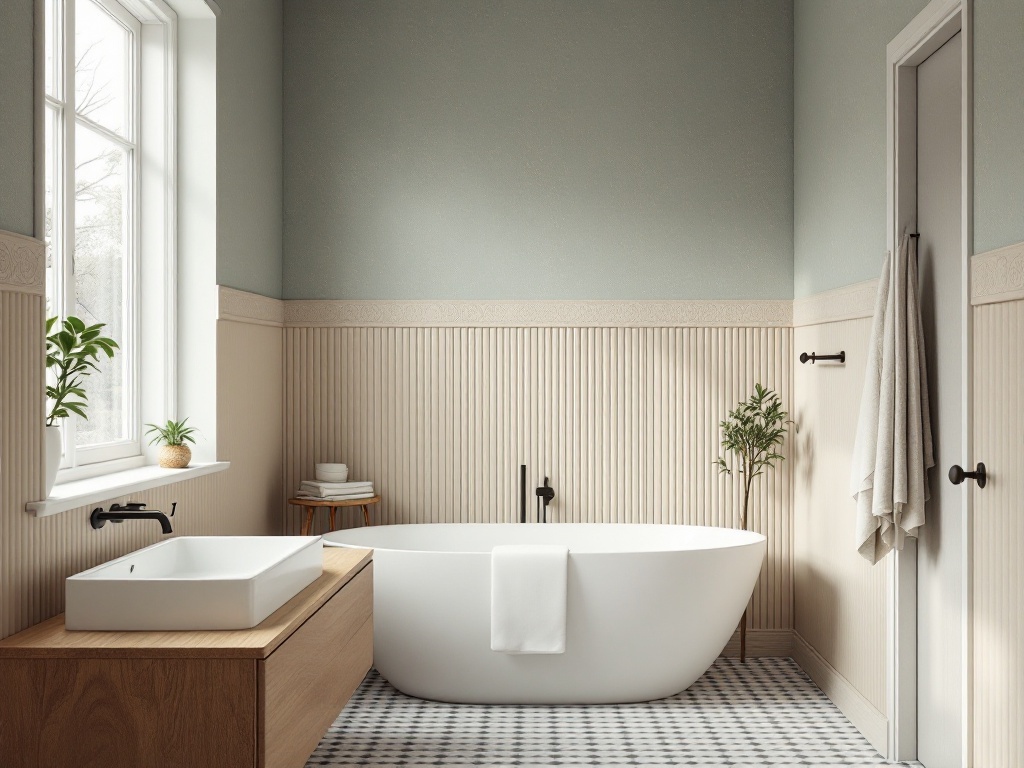 Mid Century Modern bathroom with textured wall treatments and plants