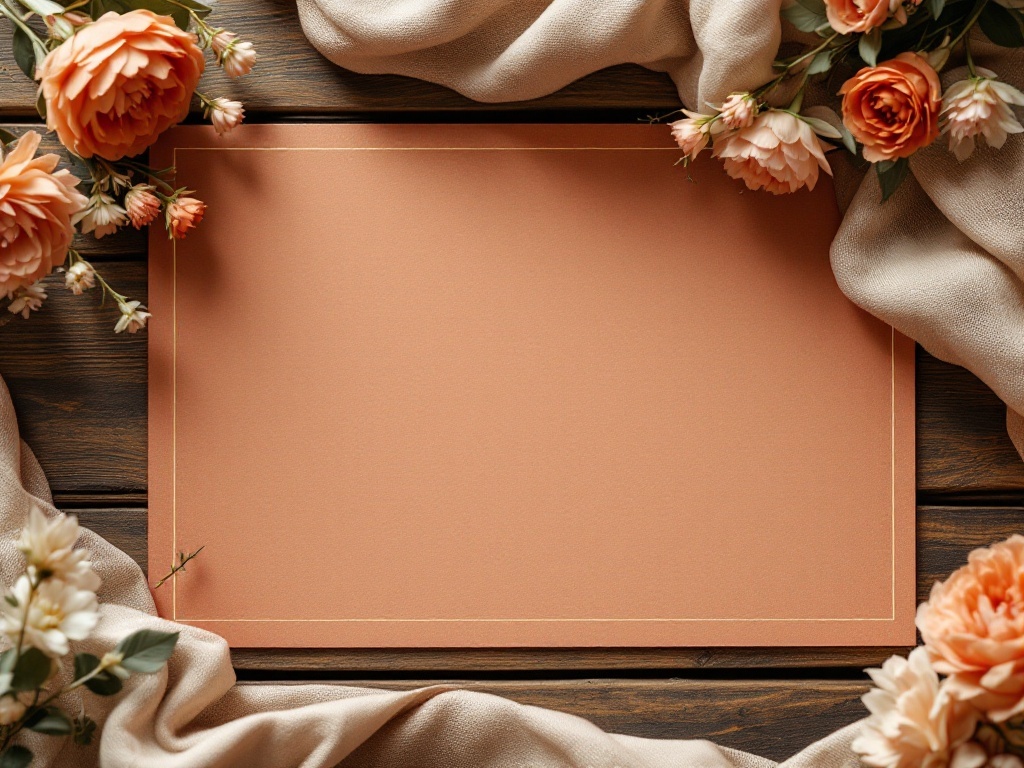 Terracotta wedding invitation surrounded by flowers and soft fabric