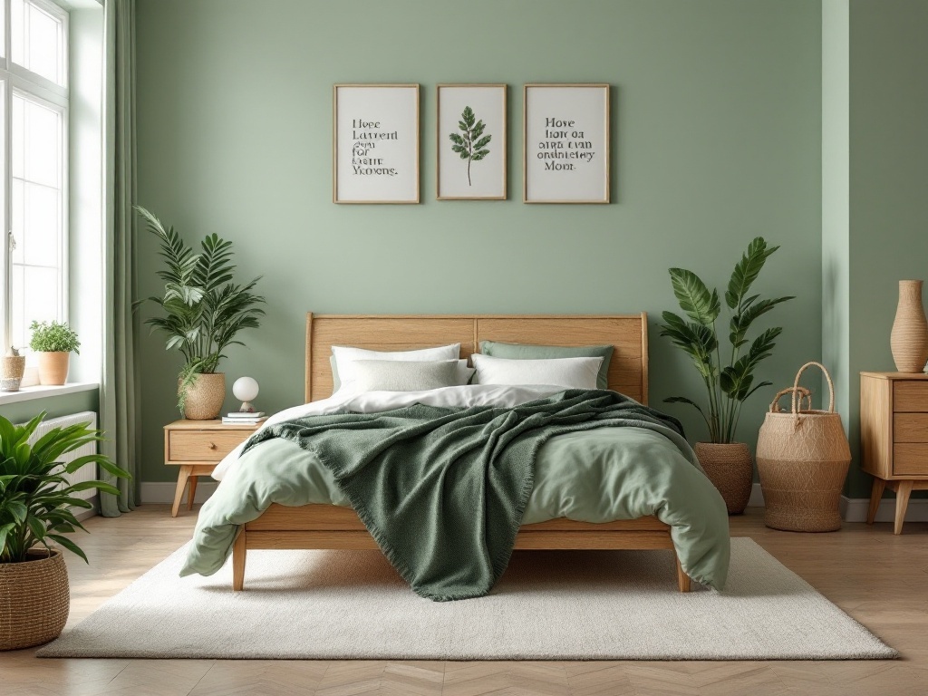 A serene bedroom featuring sage green walls, natural wood furniture, and indoor plants.
