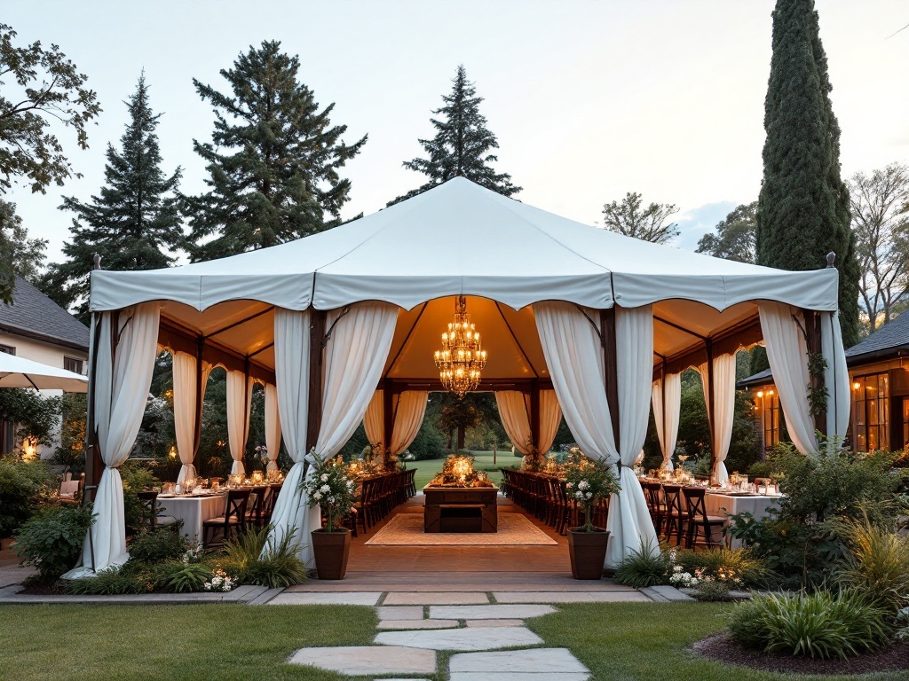 A beautifully decorated canopy tent for a backyard wedding, featuring elegant drapes and a chandelier.