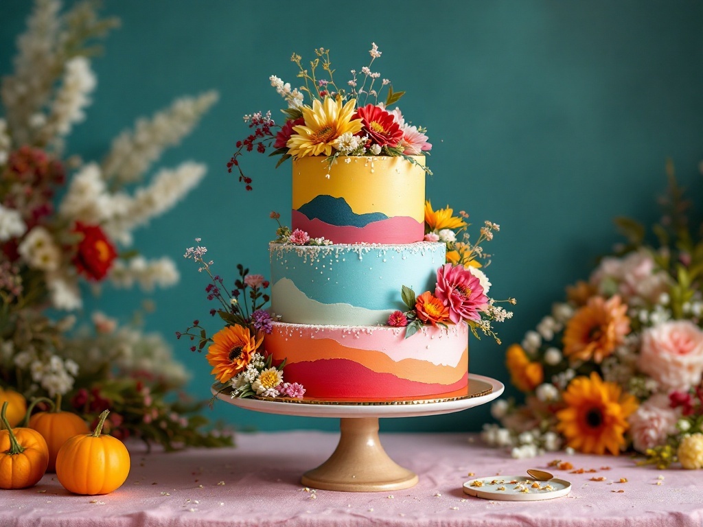 A colorful boho wedding cake with flowers and feathers, featuring vibrant color blocking and floral decorations.