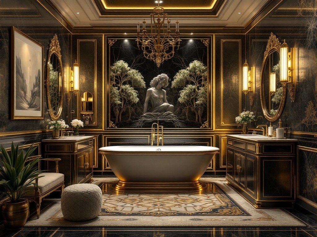 Luxurious bathroom with gold accents, black marble walls, and a freestanding bathtub
