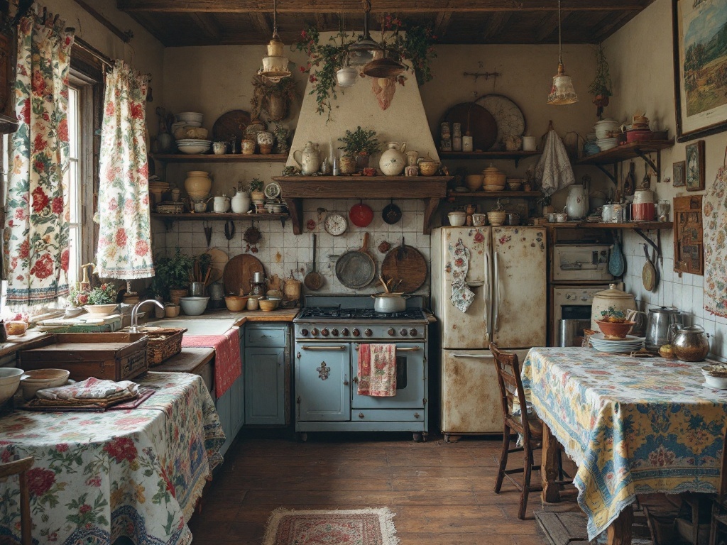 A rustic kitchen featuring colorful vintage textiles, including floral curtains and tablecloths, with wooden shelves and vintage appliances.