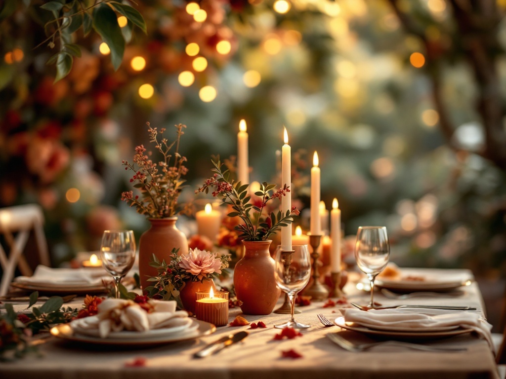 A beautifully arranged wedding reception table featuring terracotta vases with flowers, candles, and elegant tableware.