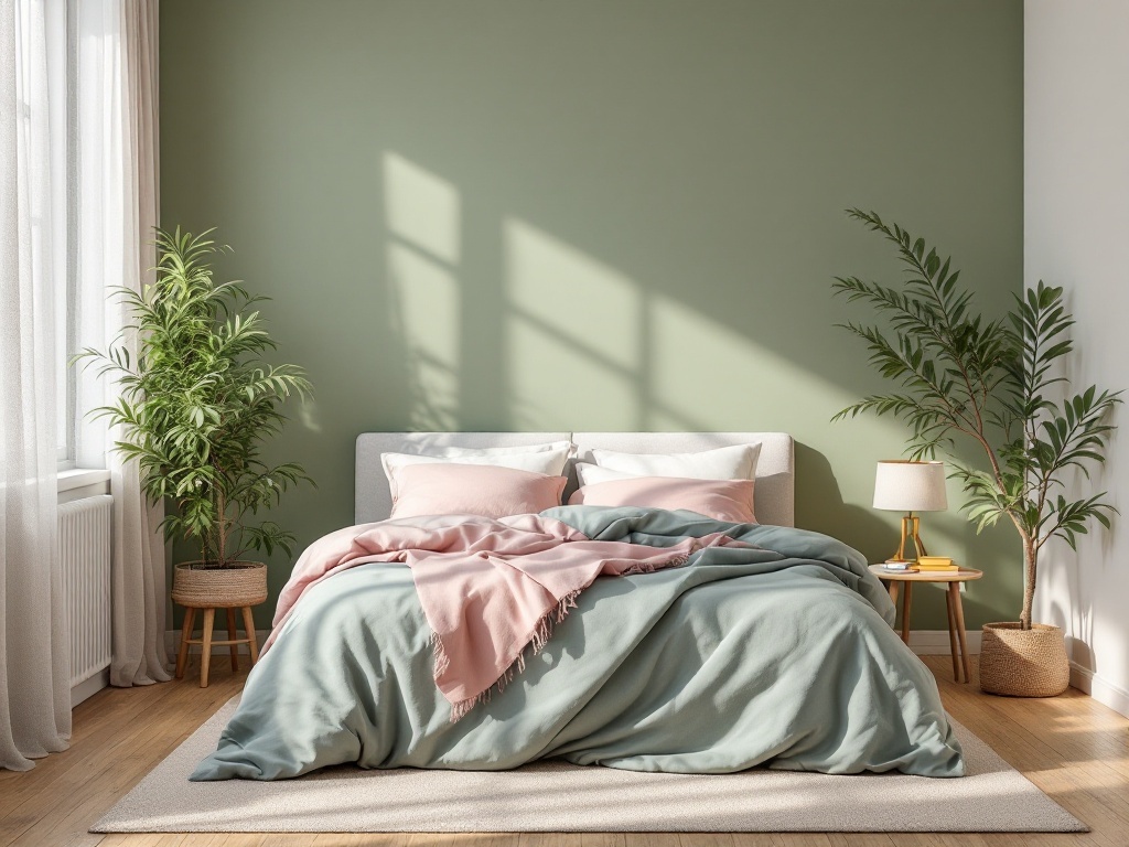 A cozy bedroom featuring sage green walls, blush pink pillows, and plants.