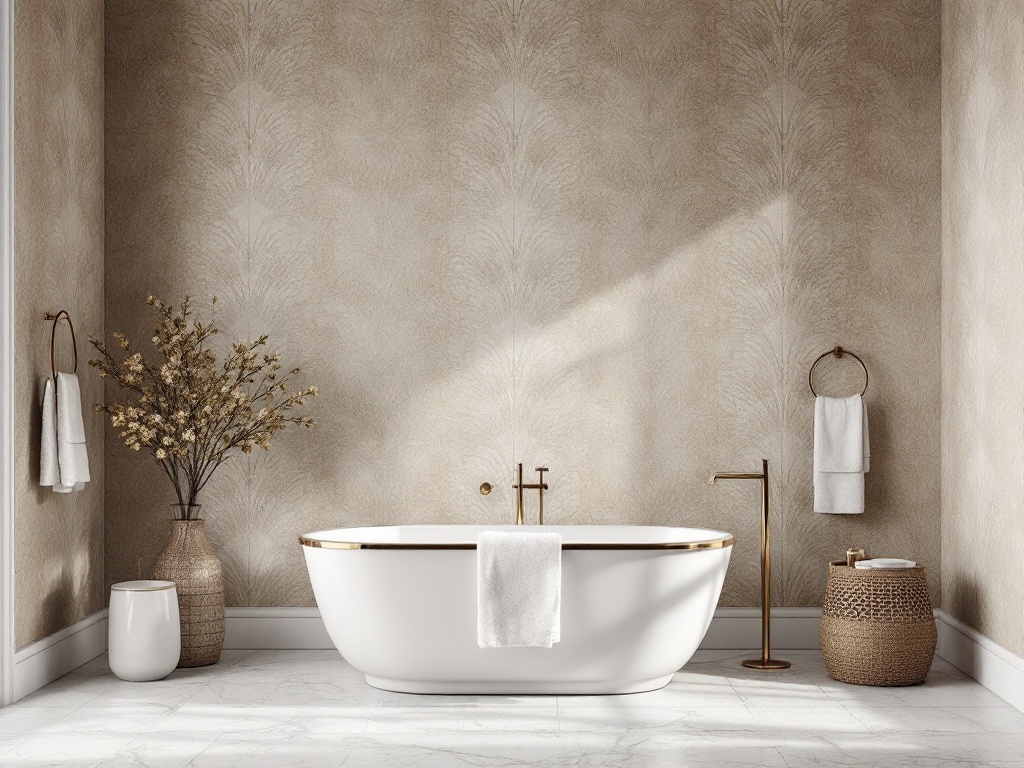 A luxurious bathroom with textured wallpaper, a white bathtub, and gold accents.