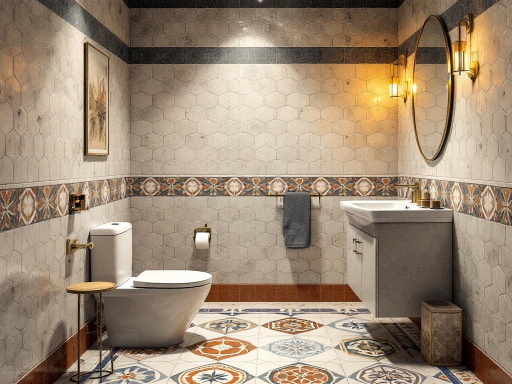 A narrow bathroom featuring unique tile patterns with hexagonal wall tiles and decorative floor tiles.