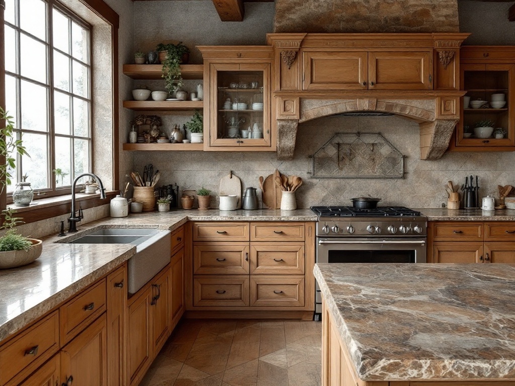 A rustic kitchen featuring stone countertops, wooden cabinets, and natural light.