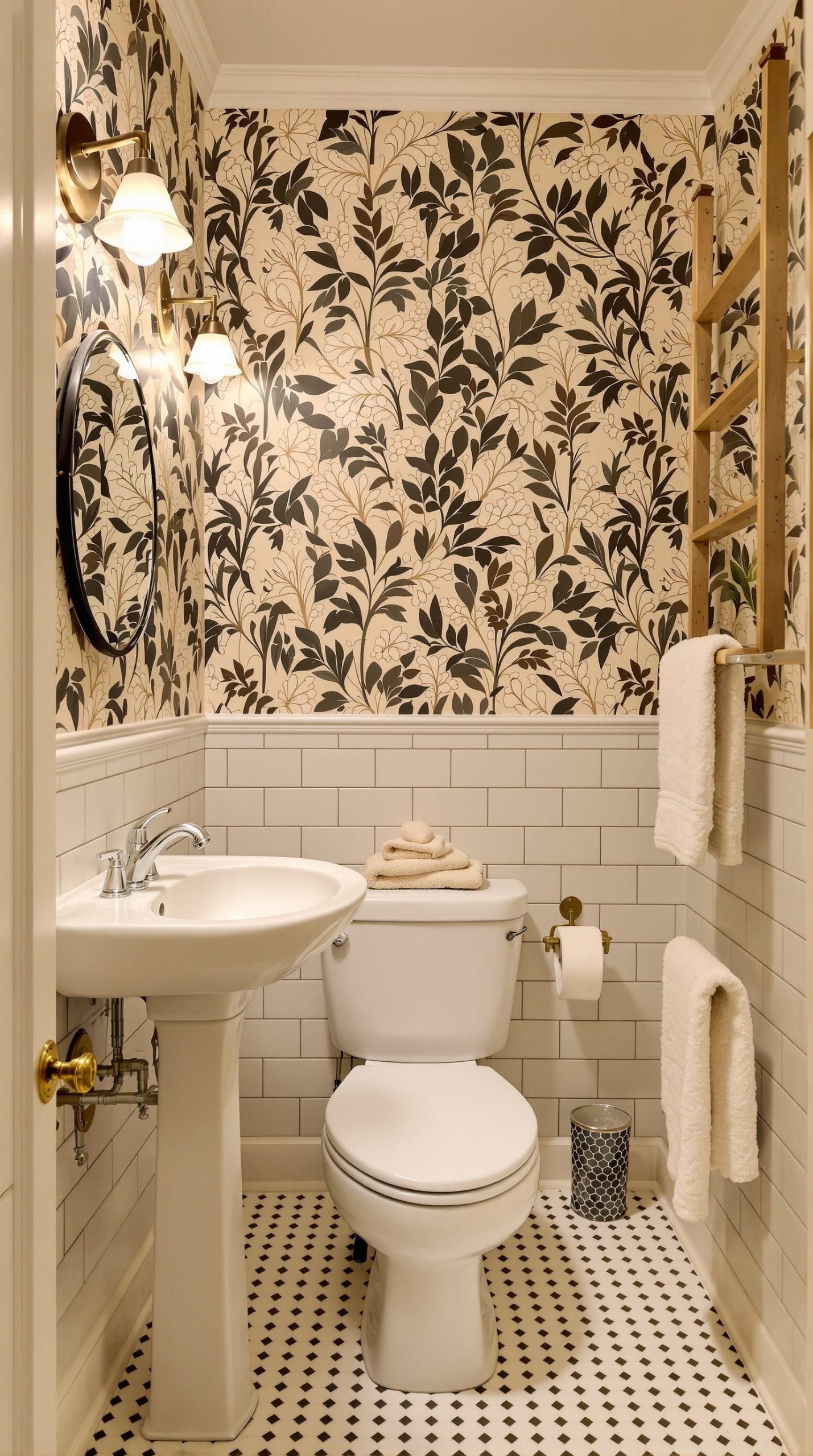 A vintage bathroom with floral wallpaper, a round mirror, and wooden accents.
