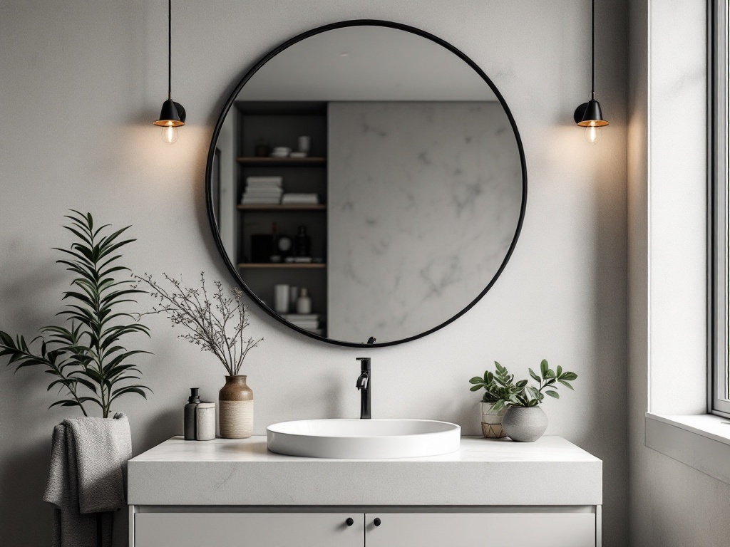 Modern bathroom with a round black framed mirror, plants, and stylish lighting.