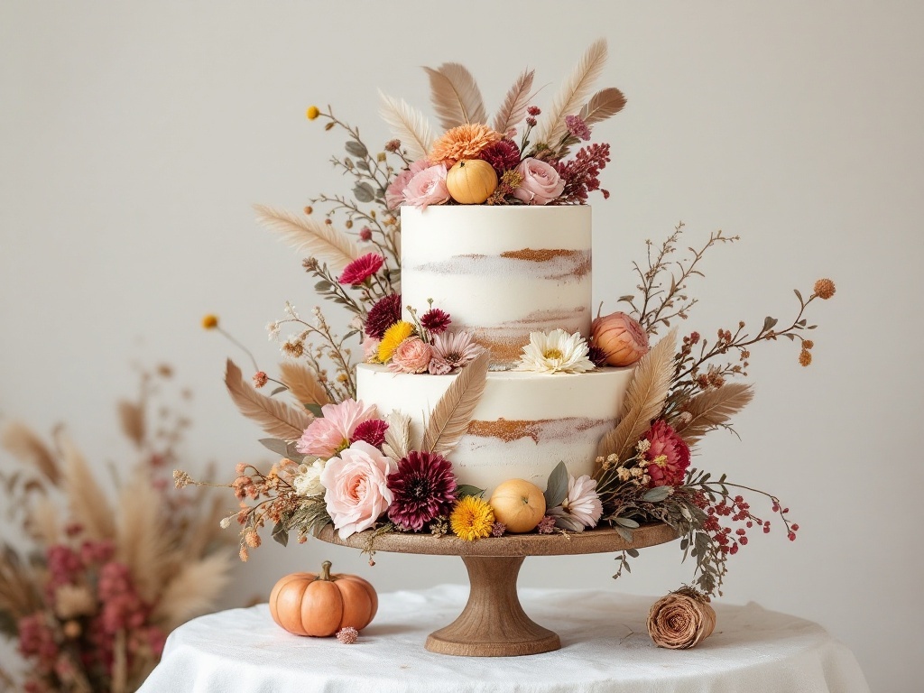 A boho wedding cake decorated with seasonal flowers and feathers, showcasing soft colors and rustic elements.