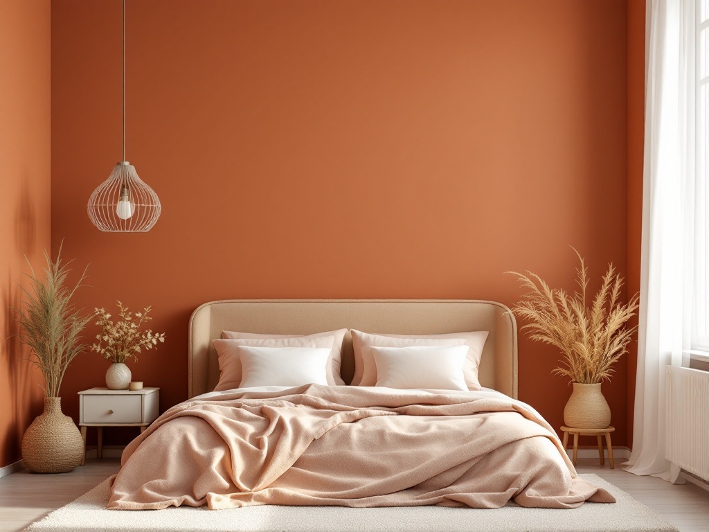A cozy bedroom featuring a warm terracotta wall, soft neutral bedding, and natural decor elements.
