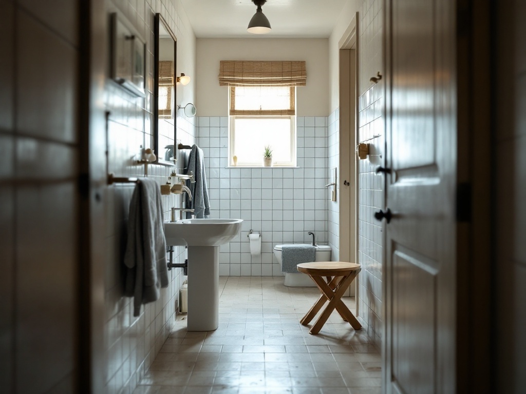A narrow bathroom featuring a foldable stool, clean tiles, and natural light.
