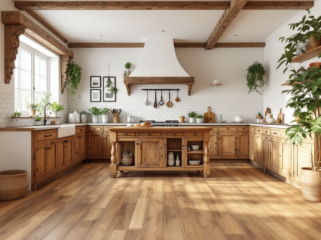 A rustic kitchen featuring natural wood flooring, wooden cabinets, and greenery.