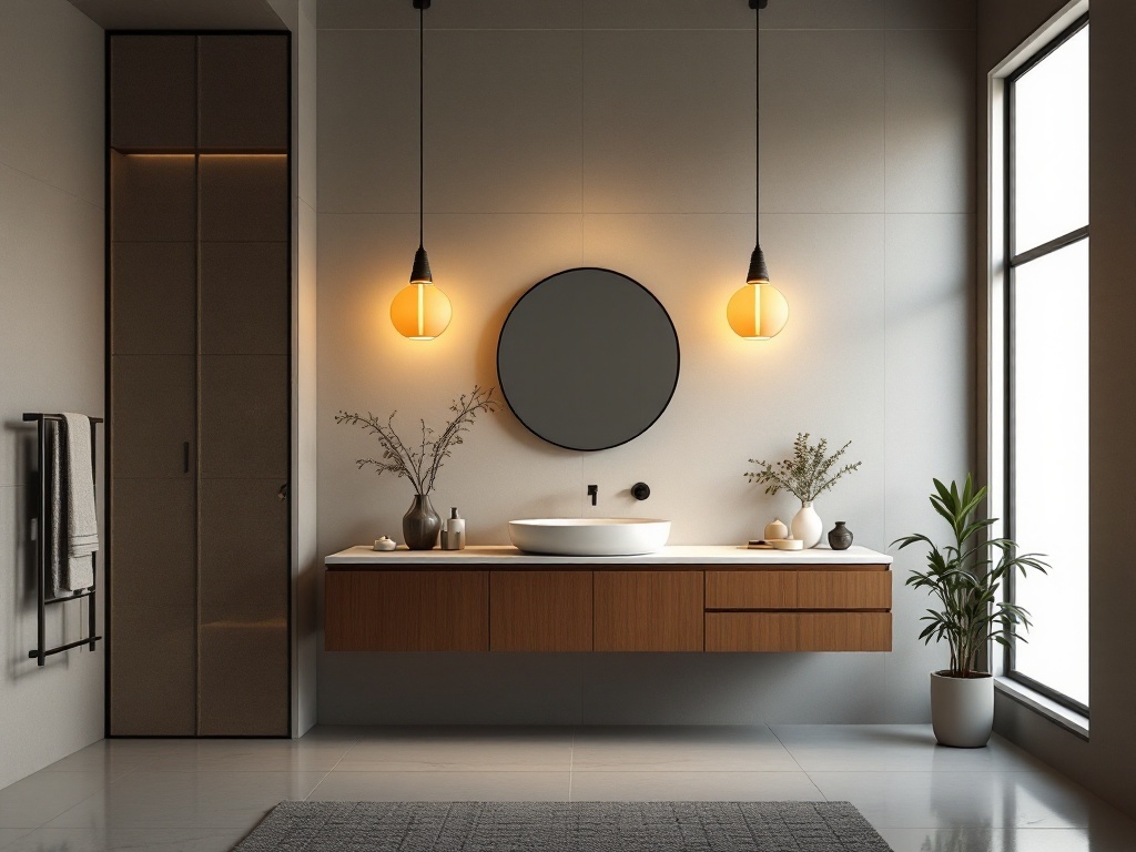 A modern bathroom featuring minimalist lighting with two pendant lights above a wooden vanity and a round mirror.