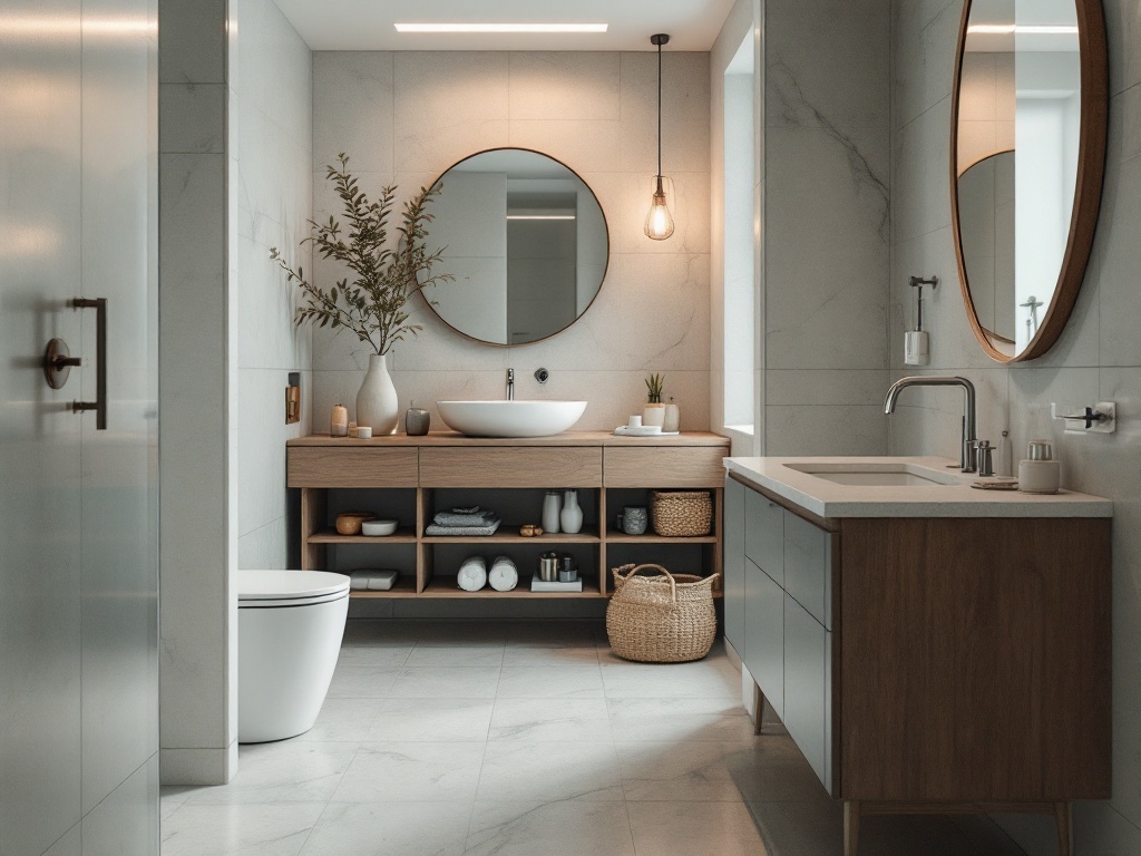 A narrow bathroom featuring dual purpose furniture with a wooden vanity, round mirrors, and open shelving.