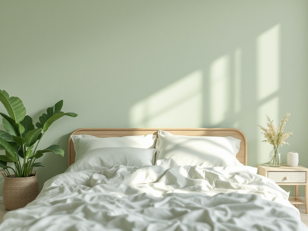 A serene bedroom featuring sage green walls, a wooden bed frame, white bedding, and plants.