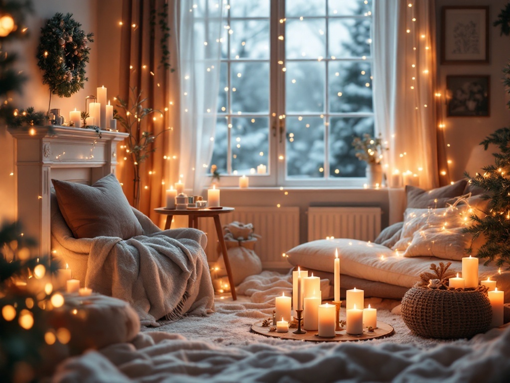 A cozy room decorated with candles, fairy lights, and a warm blanket, creating a serene winter atmosphere.