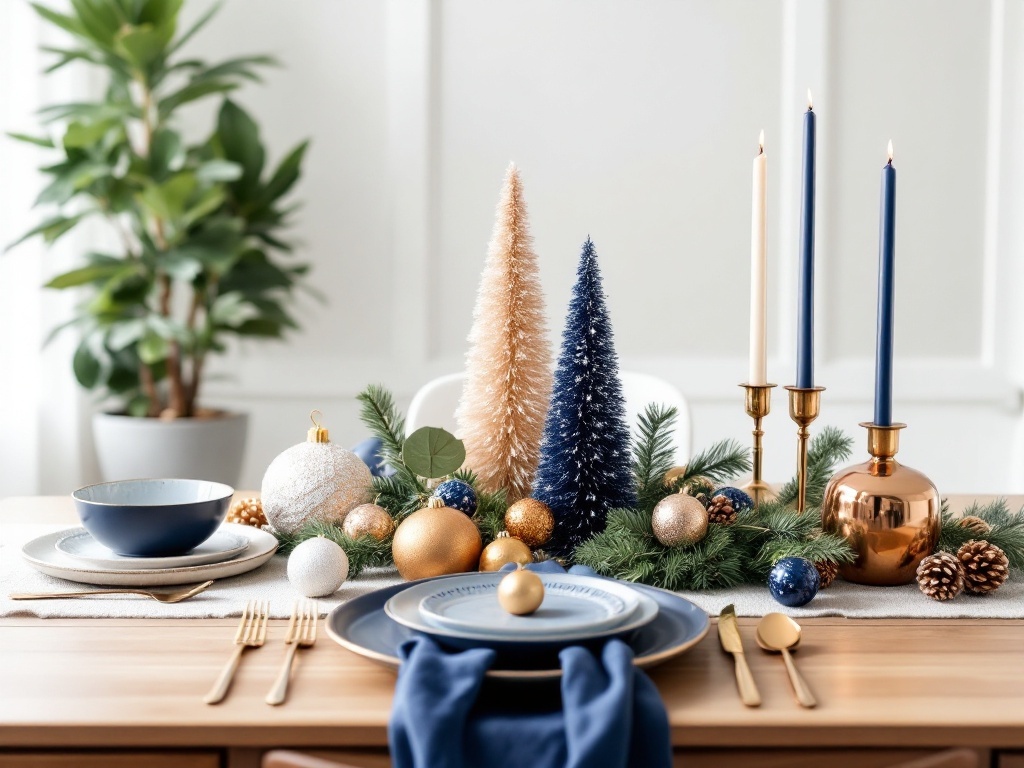 A beautifully decorated holiday table featuring navy blue and copper accents, with festive trees and ornaments.