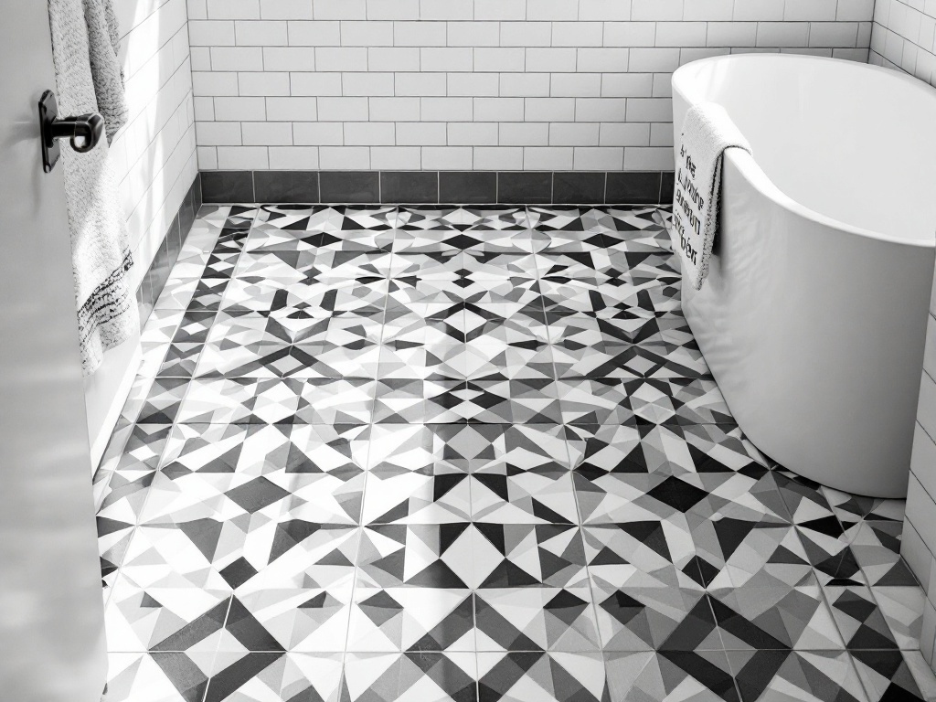 A mid-century modern bathroom featuring geometric tile patterns on the floor with a white freestanding tub.