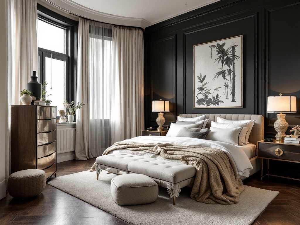 A stylish bedroom featuring black walls, cream curtains, and elegant furnishings.