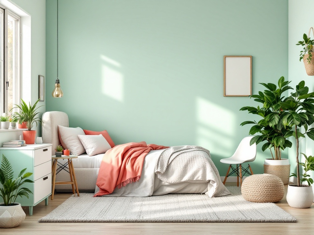 A bright mint green bedroom featuring coral accents, plants, and a cozy bed.