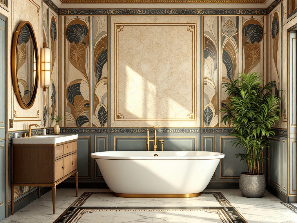 A luxurious bathroom featuring Art Deco wallpaper, a freestanding tub, and elegant decor.
