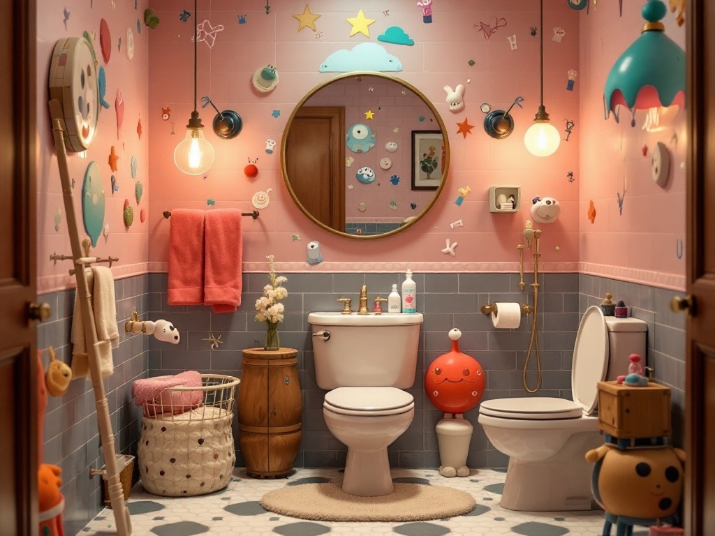 A whimsical bathroom with pink walls, colorful stickers, unique fixtures, and playful decor.