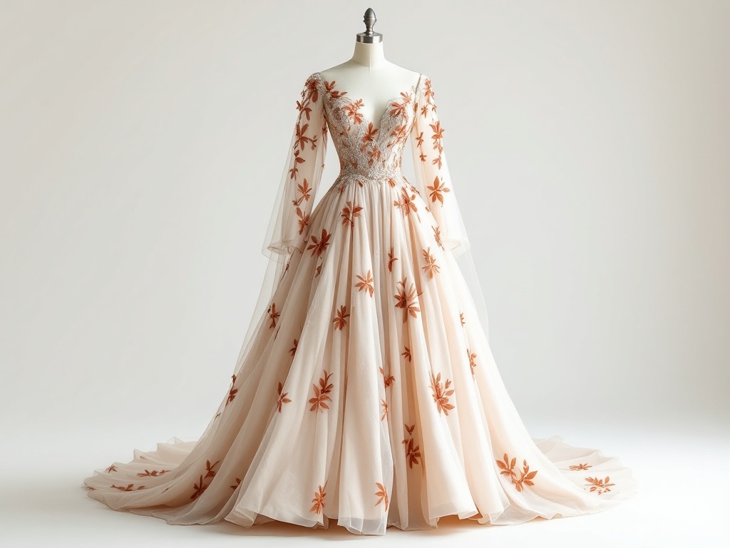 A wedding dress with terracotta floral embroidery on a soft fabric.