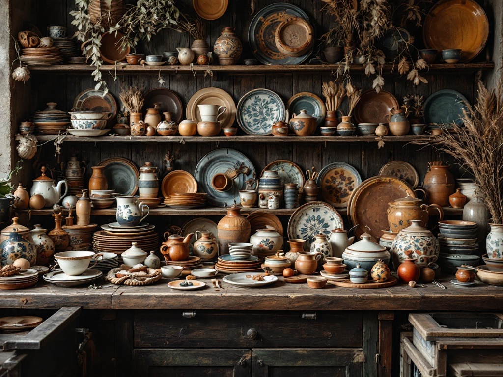 A collection of handcrafted pottery and ceramics displayed on wooden shelves in a rustic kitchen.