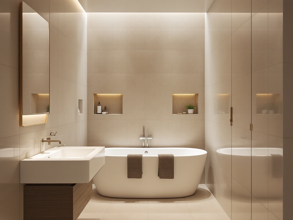 A modern compact bathtub in a narrow bathroom with minimalist design.
