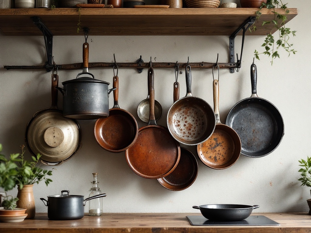 Rustic cookware display featuring various pots and pans hanging on a wooden rack.