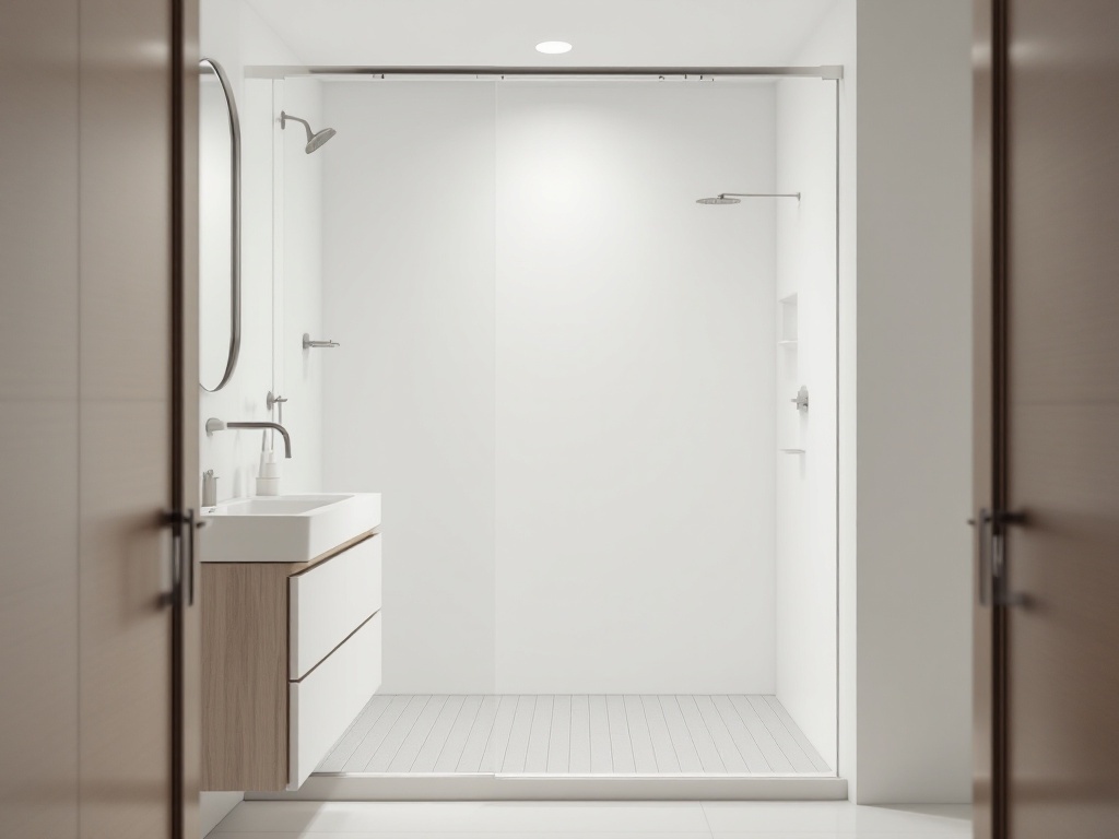 Modern narrow bathroom with a glass shower panel instead of a curtain