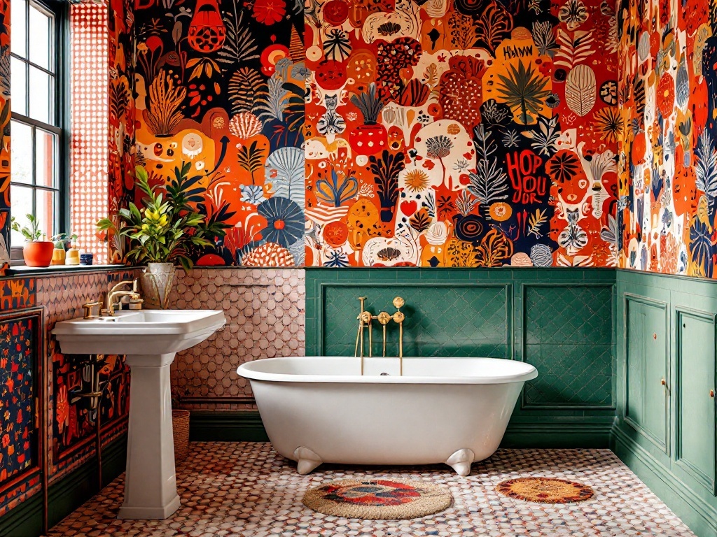 A vibrant bathroom featuring eclectic wallpaper with floral and abstract patterns, green paneling, and a white freestanding bathtub.