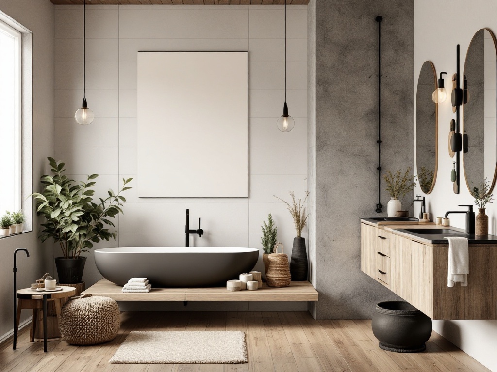 Modern bathroom featuring warm wood tones and black fixtures
