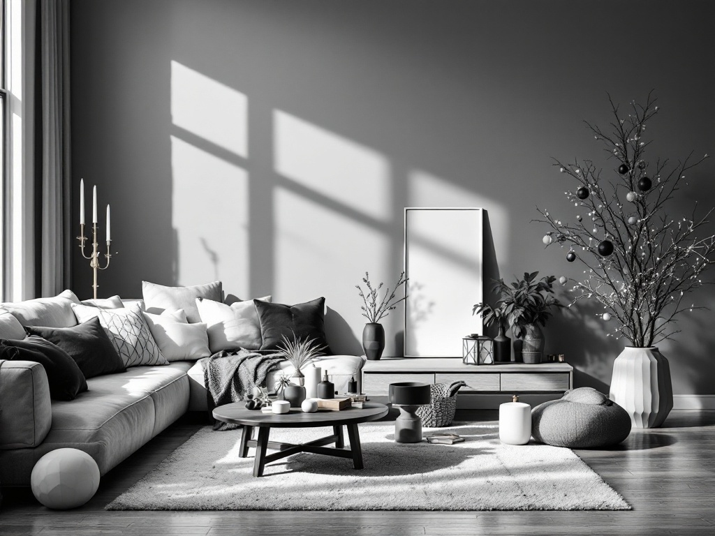 A chic monochrome living room decorated for Christmas with gray tones, a minimalist tree, and cozy textures.