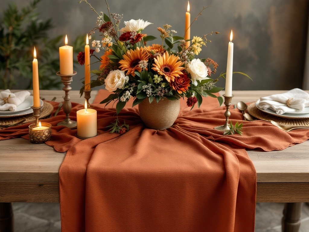A beautifully set table with a terracotta table runner, candles, and a floral arrangement.