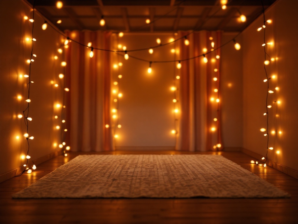 A cozy room decorated with warm string lights hanging on the walls, creating a soft glow.