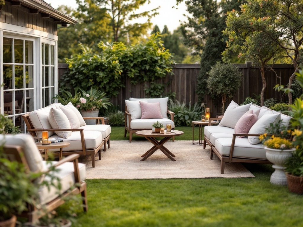 A cozy backyard lounge area with stylish furniture, cushions, and greenery.