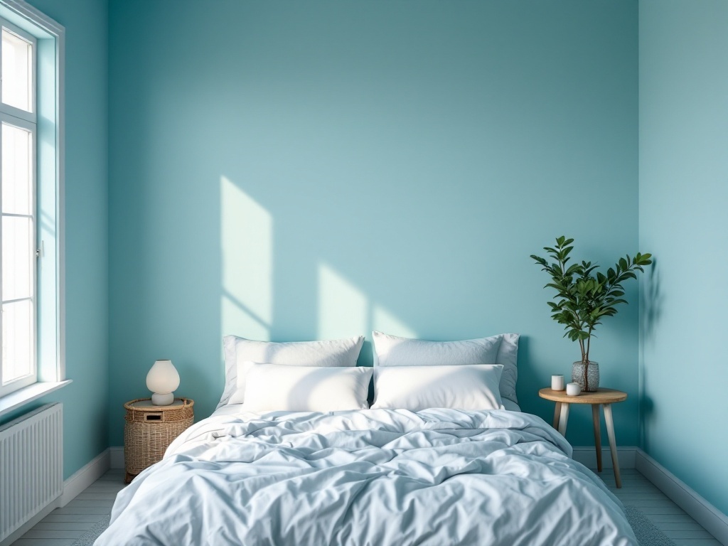 A serene bedroom with gentle sky blue walls and white bedding, featuring natural light and a small plant.