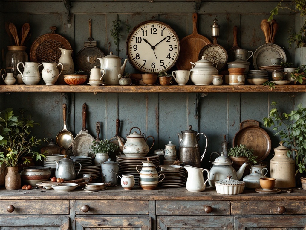 A rustic kitchen shelf displaying a variety of antique kitchenware including teapots, plates, and utensils, with a large clock in the background.
