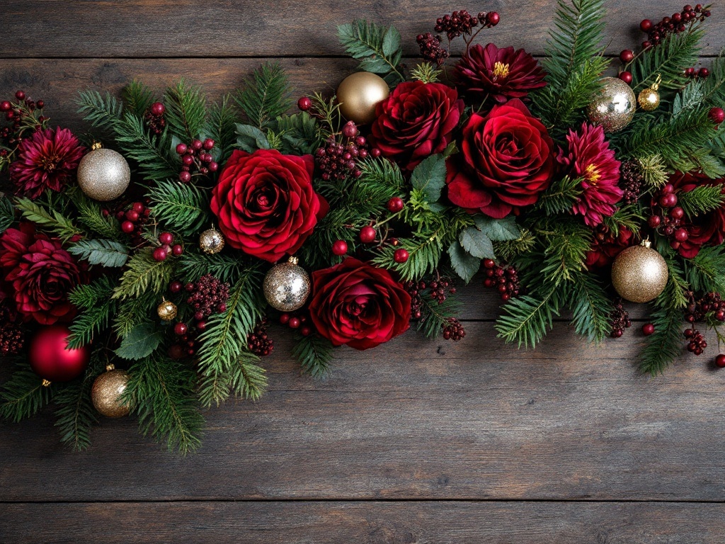 Rich burgundy table centerpiece with roses, greenery, and gold ornaments