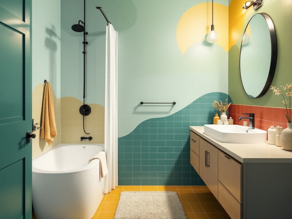 A mid-century modern bathroom with a colorful design featuring green walls, yellow tiles, and a wooden vanity.