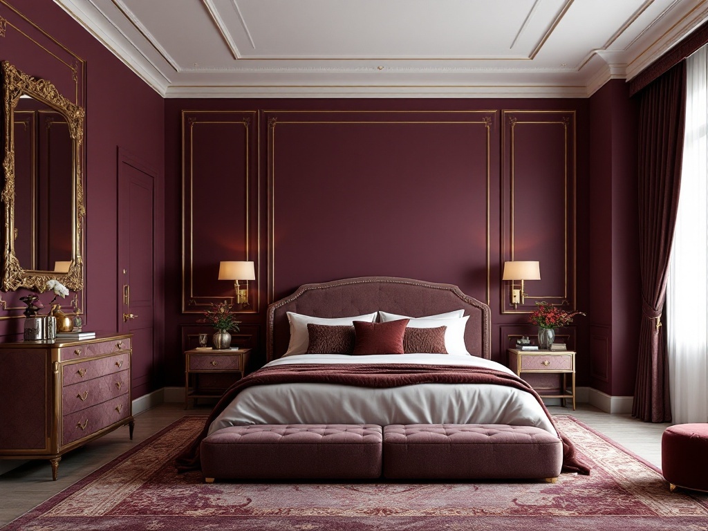 A luxurious bedroom featuring plum walls, gold accents, and elegant furnishings.
