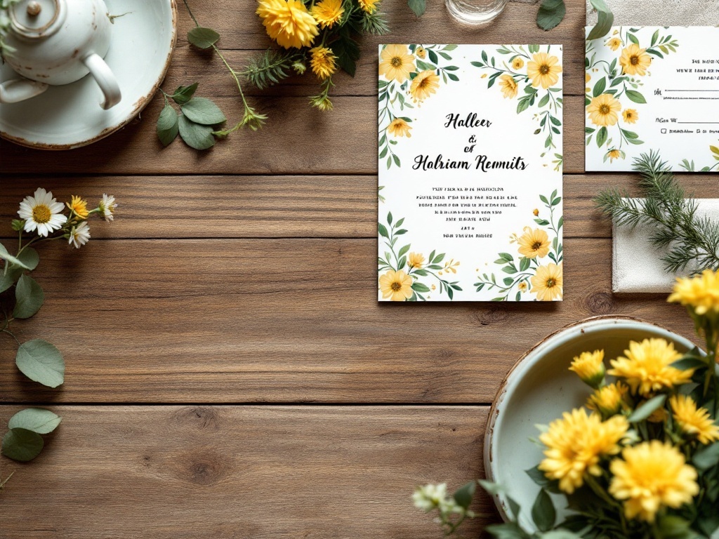 A wedding invitation with yellow flowers and green leaves on a wooden table, surrounded by a teapot and additional flowers.