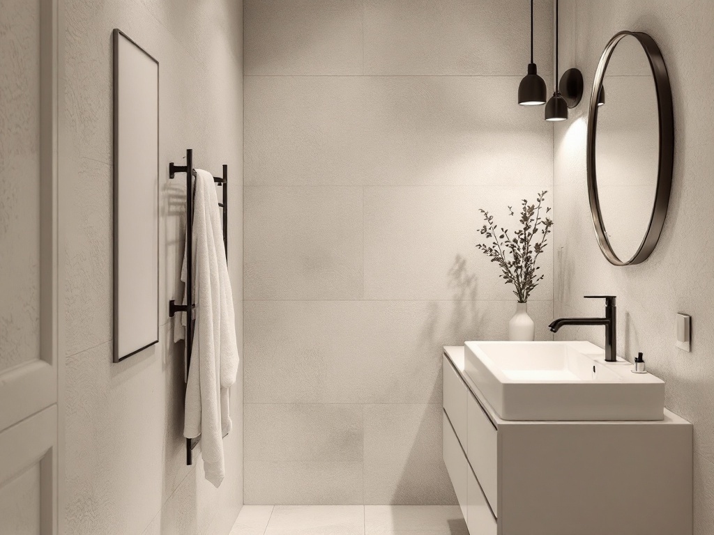 A modern narrow bathroom featuring textured walls, a sleek sink, and minimalist decor.