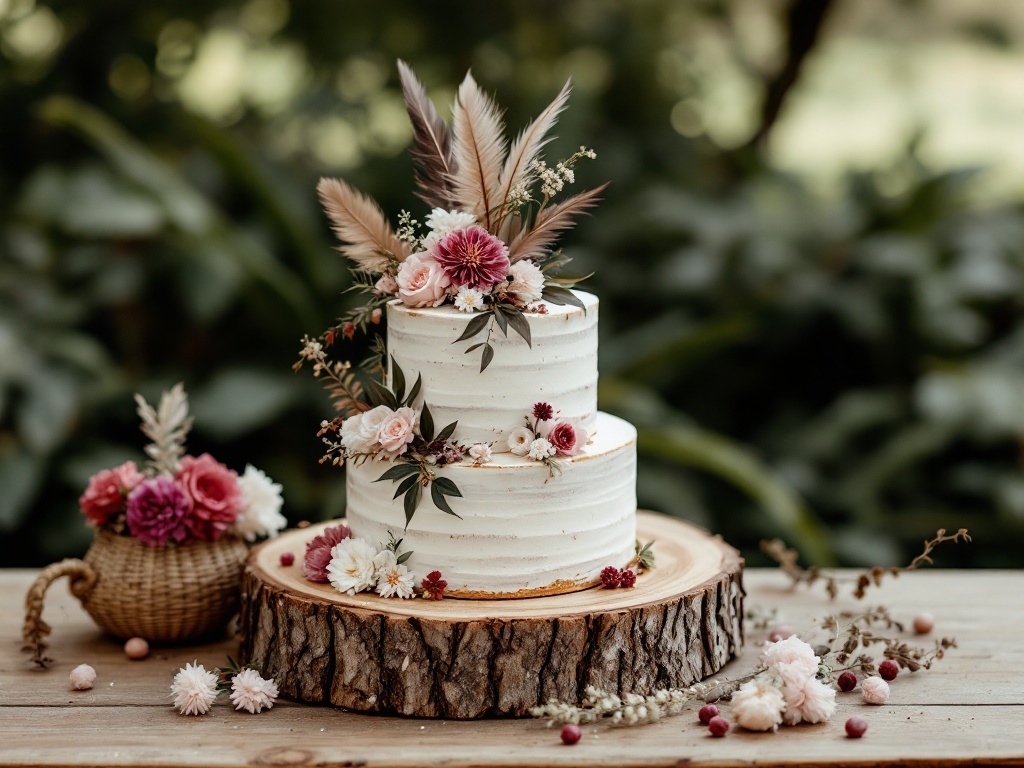 A beautiful wedding cake on a rustic wood slice base, adorned with flowers and feathers.