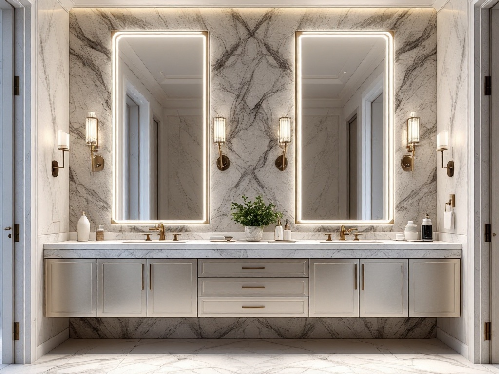 Luxurious bathroom featuring marble walls, a double vanity with gold accents, and illuminated mirrors